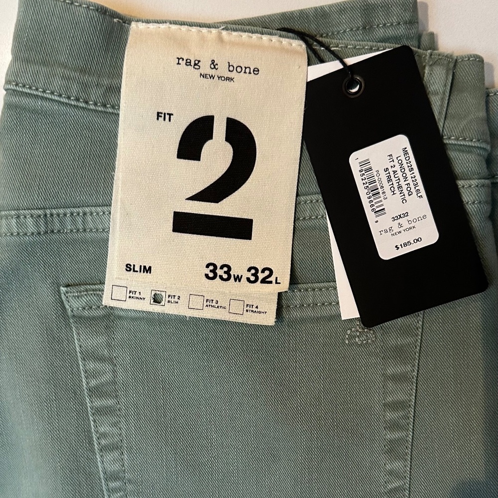 rag & bone - Fit 2 -Zipper Fly - London Fog - 33/32 - New